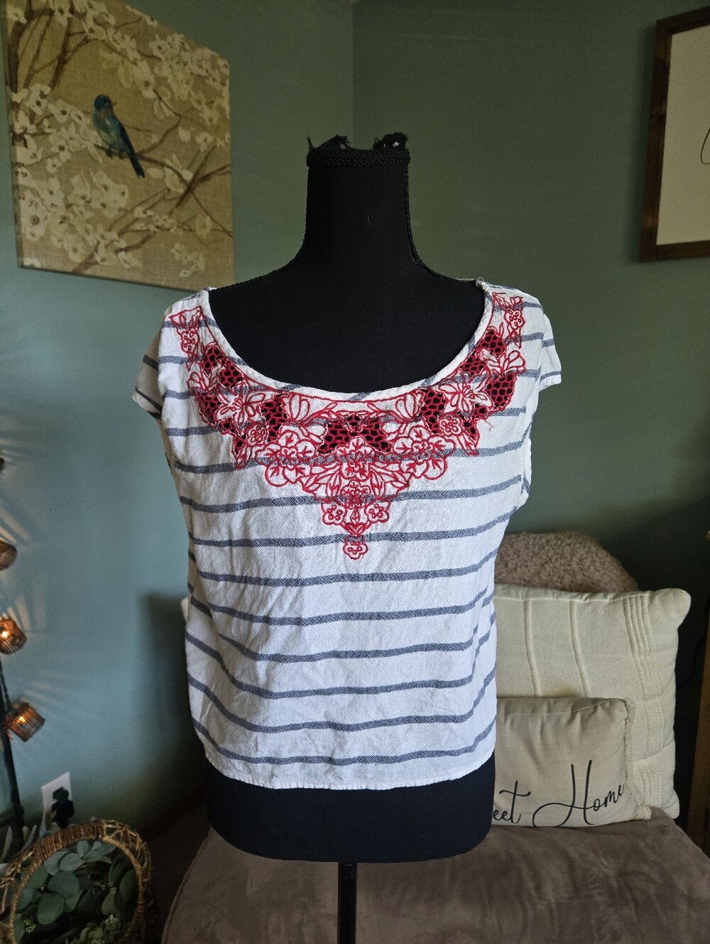 Abercrombie & Fitch White and Gray Striped Scoop Neck Top with Red Floral Yoke